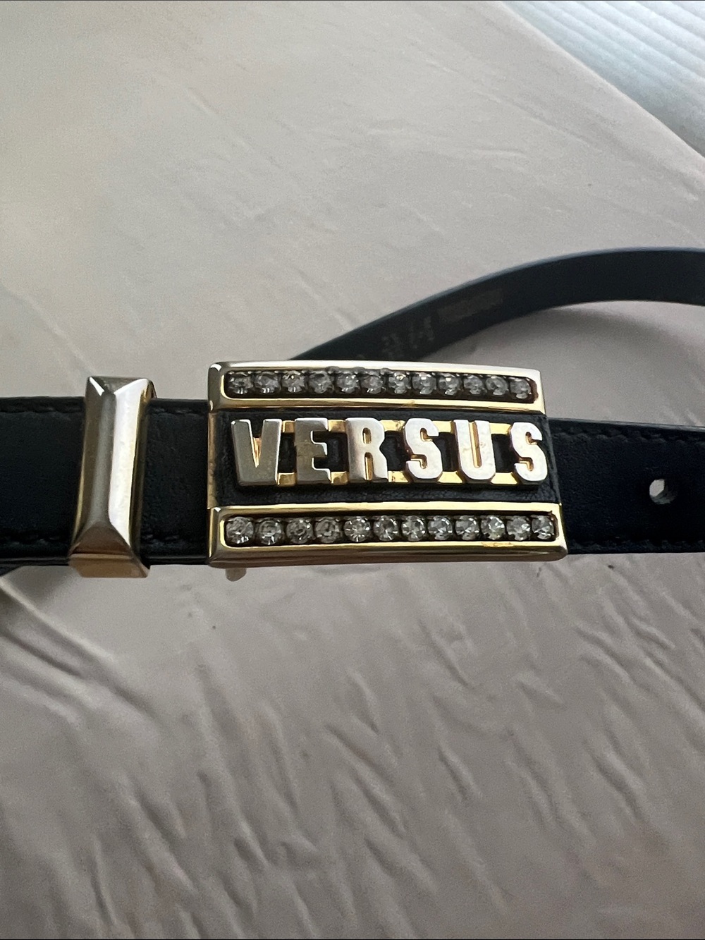 Versus By Versace Black Leather Belt with Gold-Tone Logo Buckle and Crystals - Picture 4 of 13